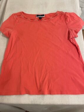 Karen Scott 100% Cotton Coral Grommet-Trim Short Sleeve Tee